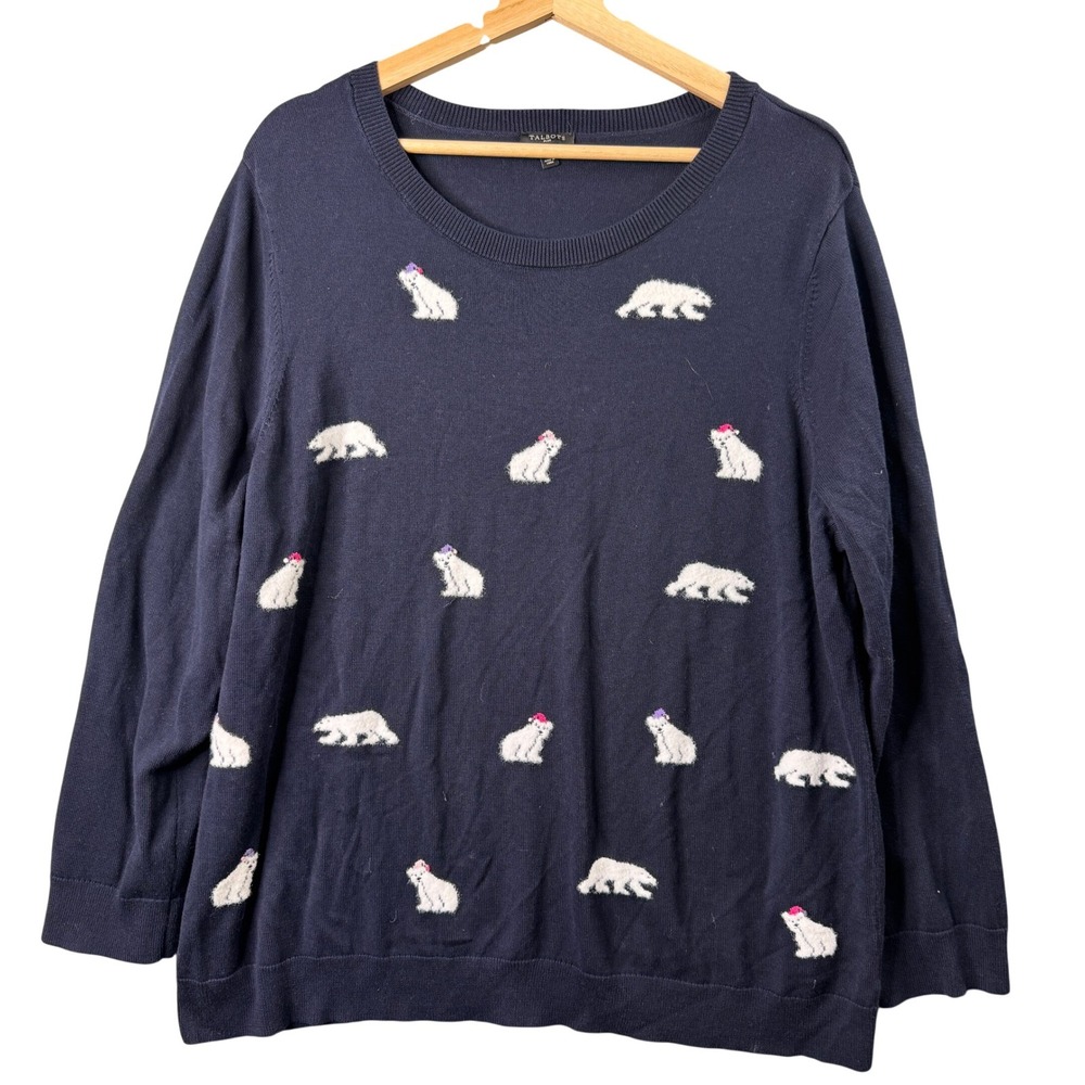 Talbots Plus Navy Blue Polar Bear Pullover Sweater‎ Size 2X Cotton Rayon Holiday